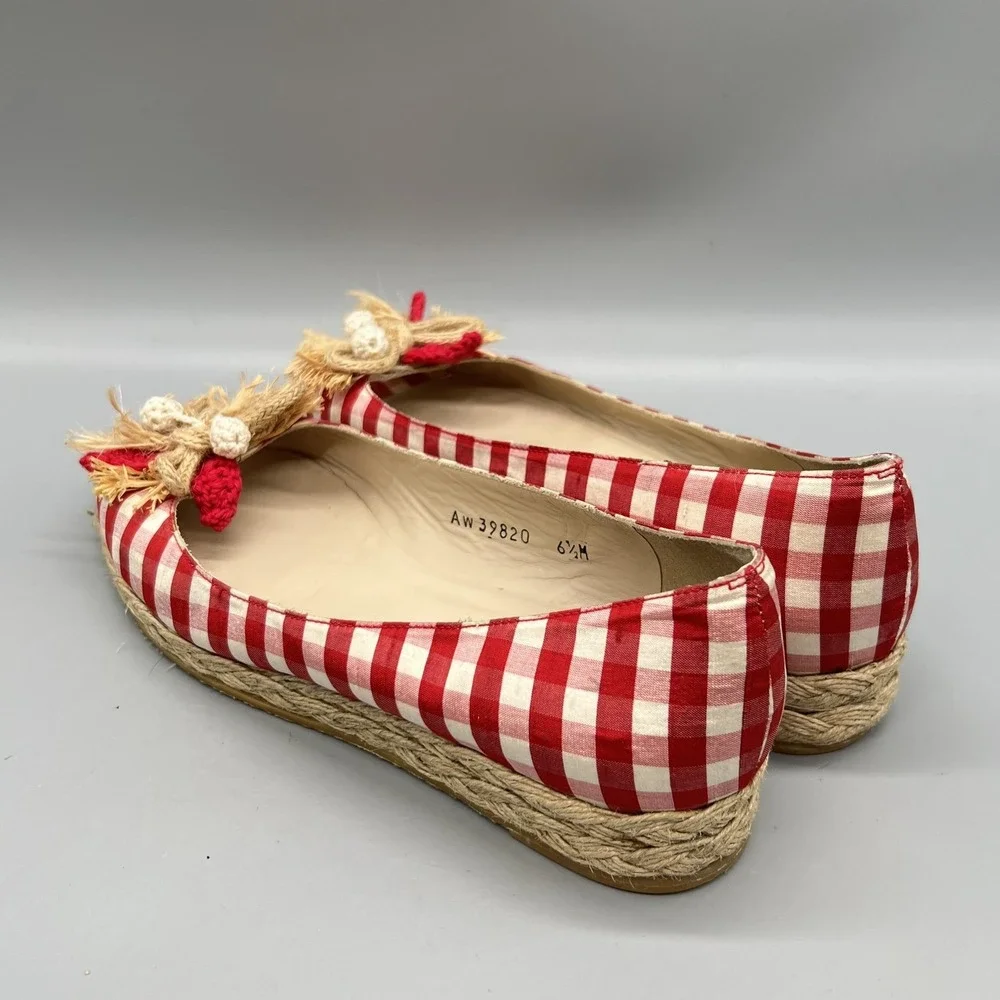 Stuart Weitzman Shoes Womens 6.5 Red Gingham Cotton Espadrille Flats Bow Vtg